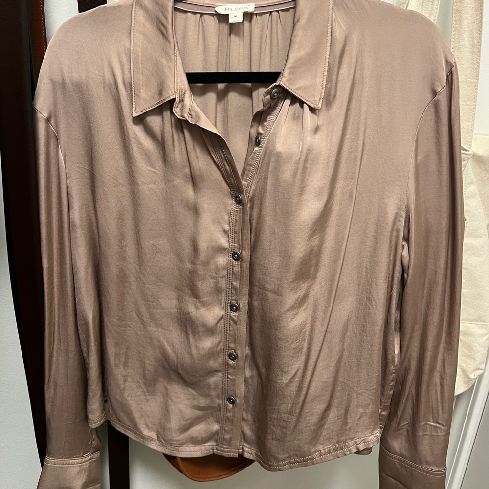 Pilcro Brown Long Sleeve Button Down Silk Shirt